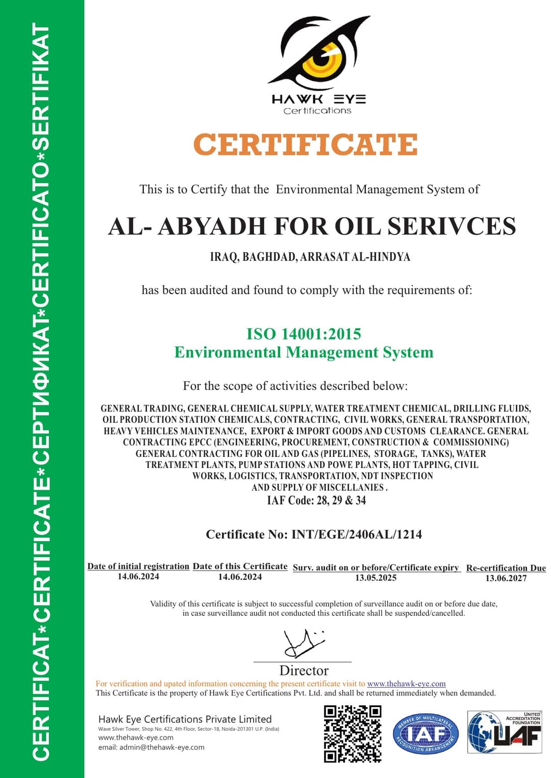 ISO 14001:2015 certificate